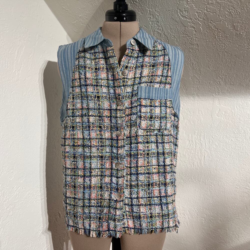 Tweed Denim Vest Small Coastal Preppy Eclectic Grandpa Fringe